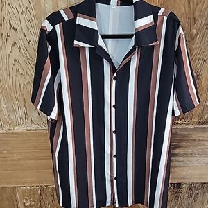 Women's Striped Short Sleeve Shirt - Black and Brown